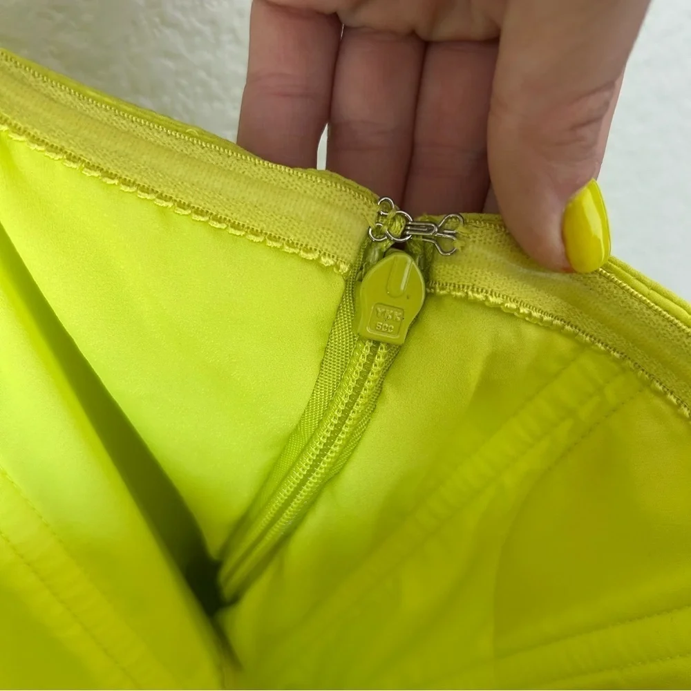 BCBGMaxAzria Neon Green, Yellow Strapless Asymmetrical Wrap Formal Midi Dress - Picture 7 of 11